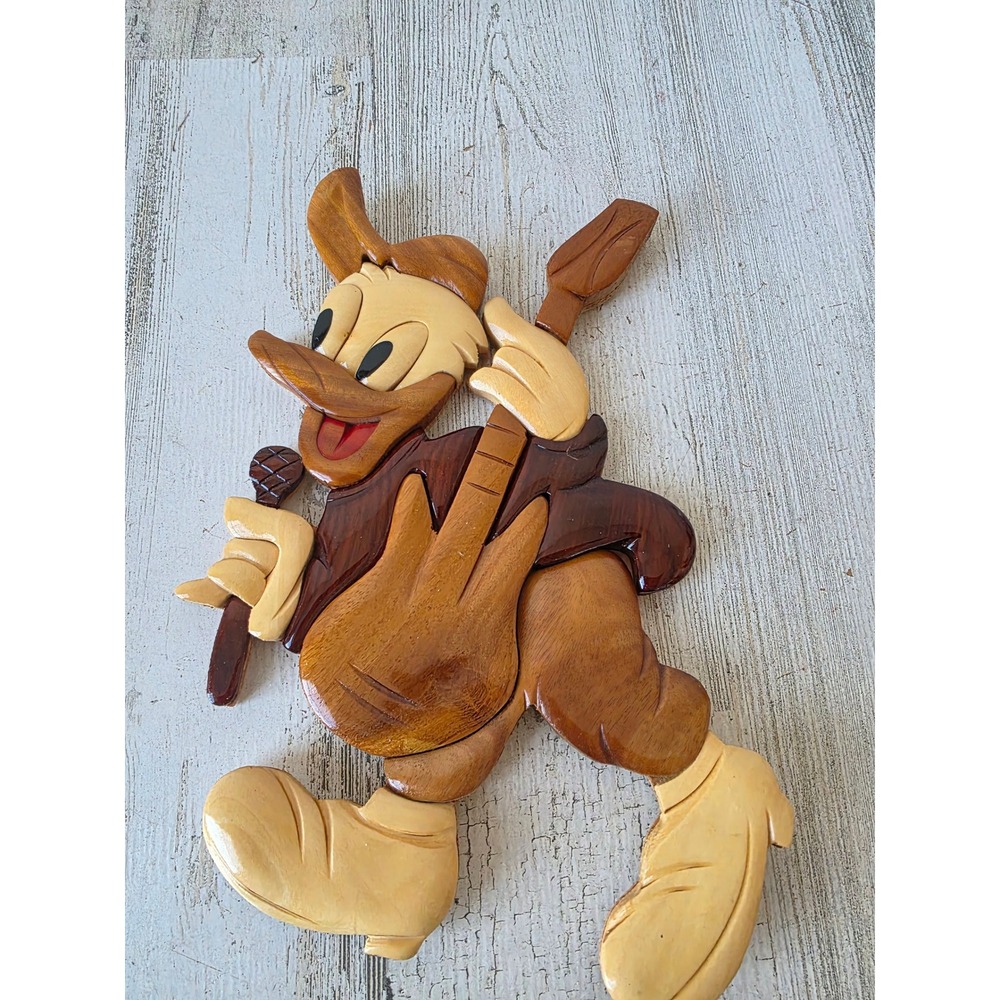 Vintage intarsia wooden Donald duck guitar mosaic hanging singing decor rustic‎